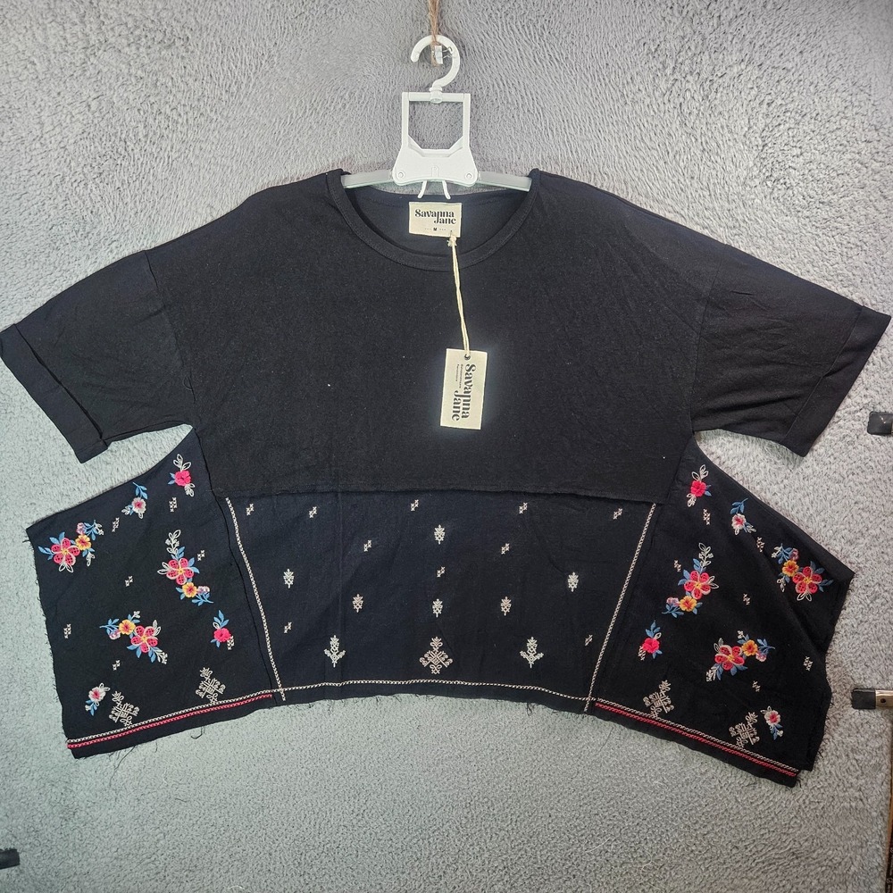 NEW Savanna Jane Oversized Top Women Medium Embroidered Asymmetrical Hem Black